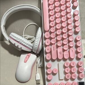 Pink and White Keyboard, Mouse, and Headphones Set